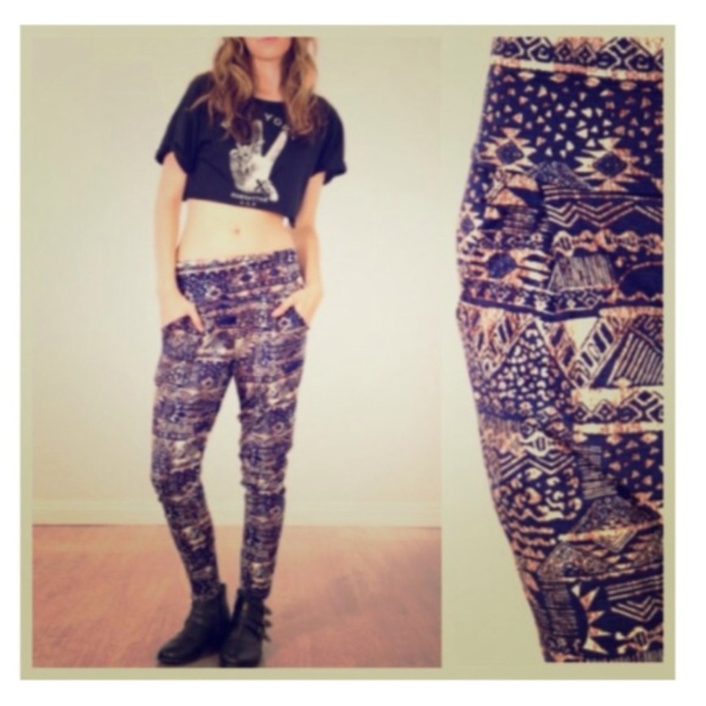 Vintage artisan high rise tribal geometric print tapered harem pants jogger pant